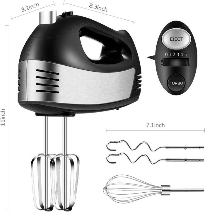 Batidora de mano eléctrica con Turbo de mano, batidora de mano de 5 velocidades con 2 batidores más anchos, 2 ganchos para masa y un batidor de globo - Imagen 3