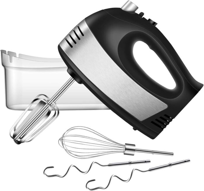 Batidora de mano eléctrica con Turbo de mano, batidora de mano de 5 velocidades con 2 batidores más anchos, 2 ganchos para masa y un batidor de globo