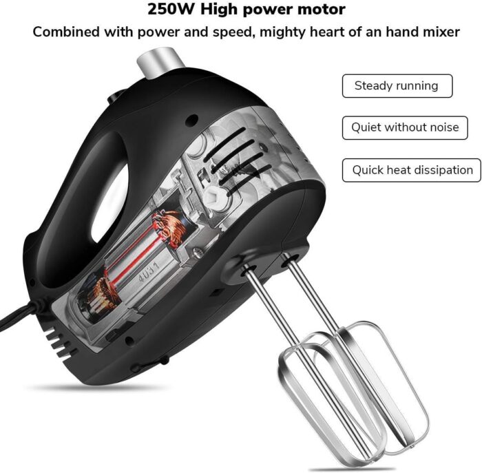 Batidora de mano eléctrica con Turbo de mano, batidora de mano de 5 velocidades con 2 batidores más anchos, 2 ganchos para masa y un batidor de globo - Imagen 5