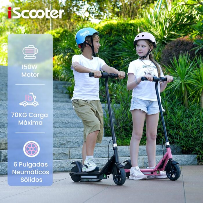 iScooter IK3 Patinete Electrico Niño, 6" Patinete Electrico para Niños De 6 A 12 Años, Freno Electrónico por Gatillo, Freno Trasero De Pie, Luces LED Coloridas, Pantalla LED, 5/10/16 KM/H, Rosa/Negro - Imagen 7